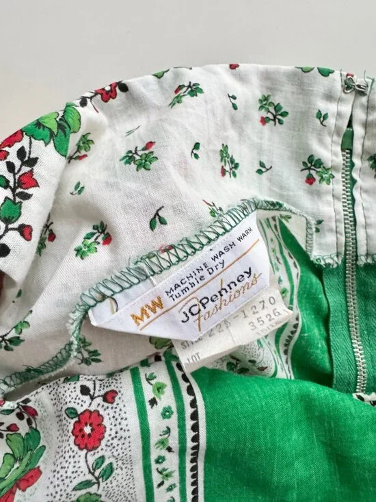 Vintage 80's JCPENNEY Green Floral Polycotton Law Fit & Flare Dress, Size 15/16 - Picture 14 of 15